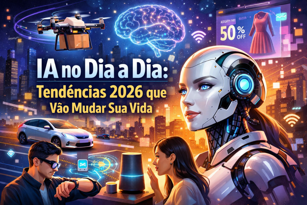 IA no dia a dia em 2026 com assistentes virtuais, carros autônomos, cidades inteligentes e tecnologia integrada à vida cotidiana