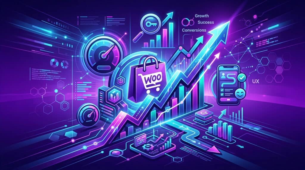 Ilustração temática representando um e-commerce otimizado, com gráficos de performance, SEO e ícones de WooCommerce.