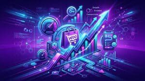 Ilustração temática representando um e-commerce otimizado, com gráficos de performance, SEO e ícones de WooCommerce.