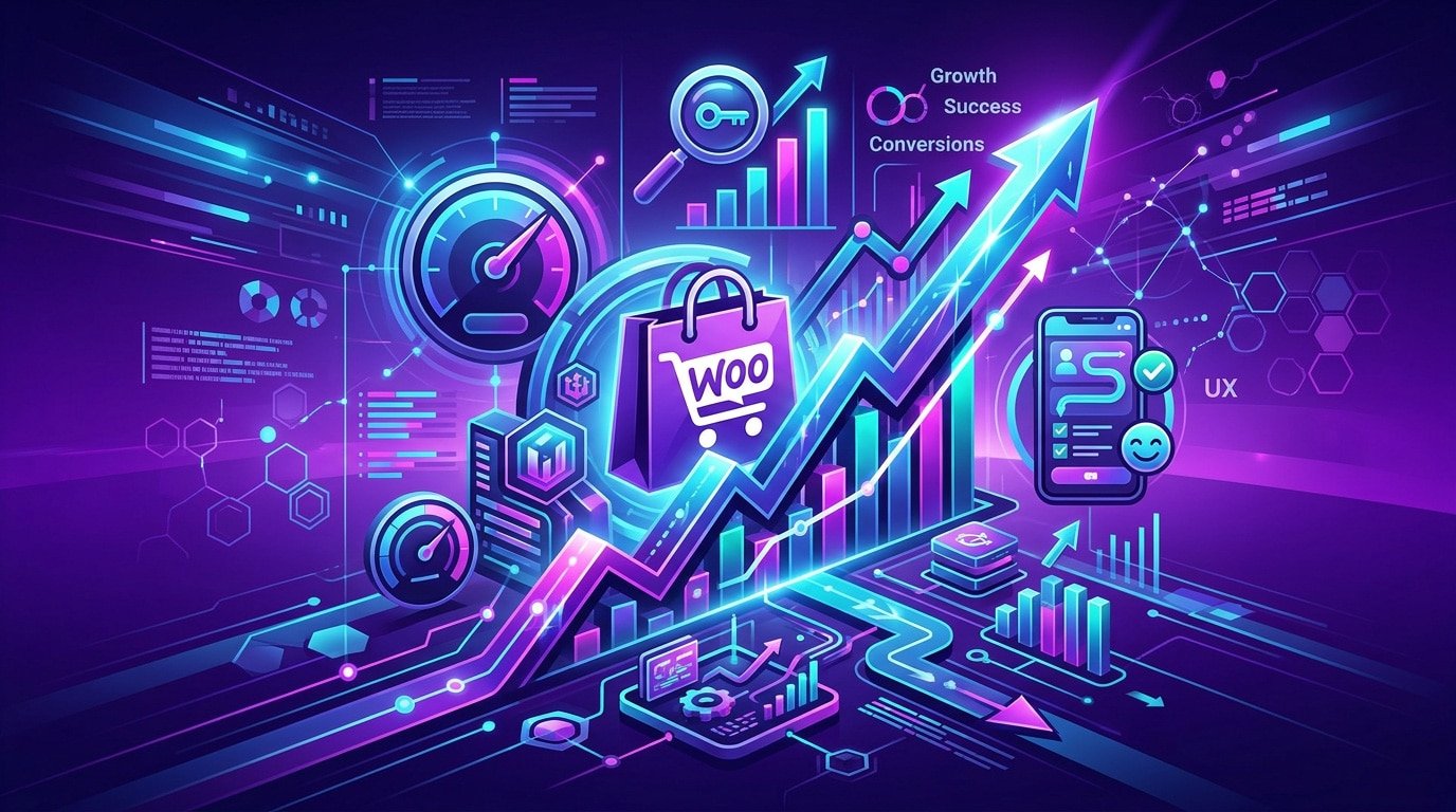 Ilustração temática representando um e-commerce otimizado, com gráficos de performance, SEO e ícones de WooCommerce.