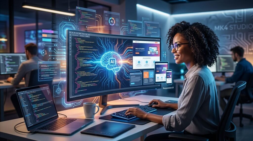 Desenvolvedora usando inteligência artificial para criar páginas web responsivas na MK4 Studio, com múltiplas telas exibindo código e layouts modernos